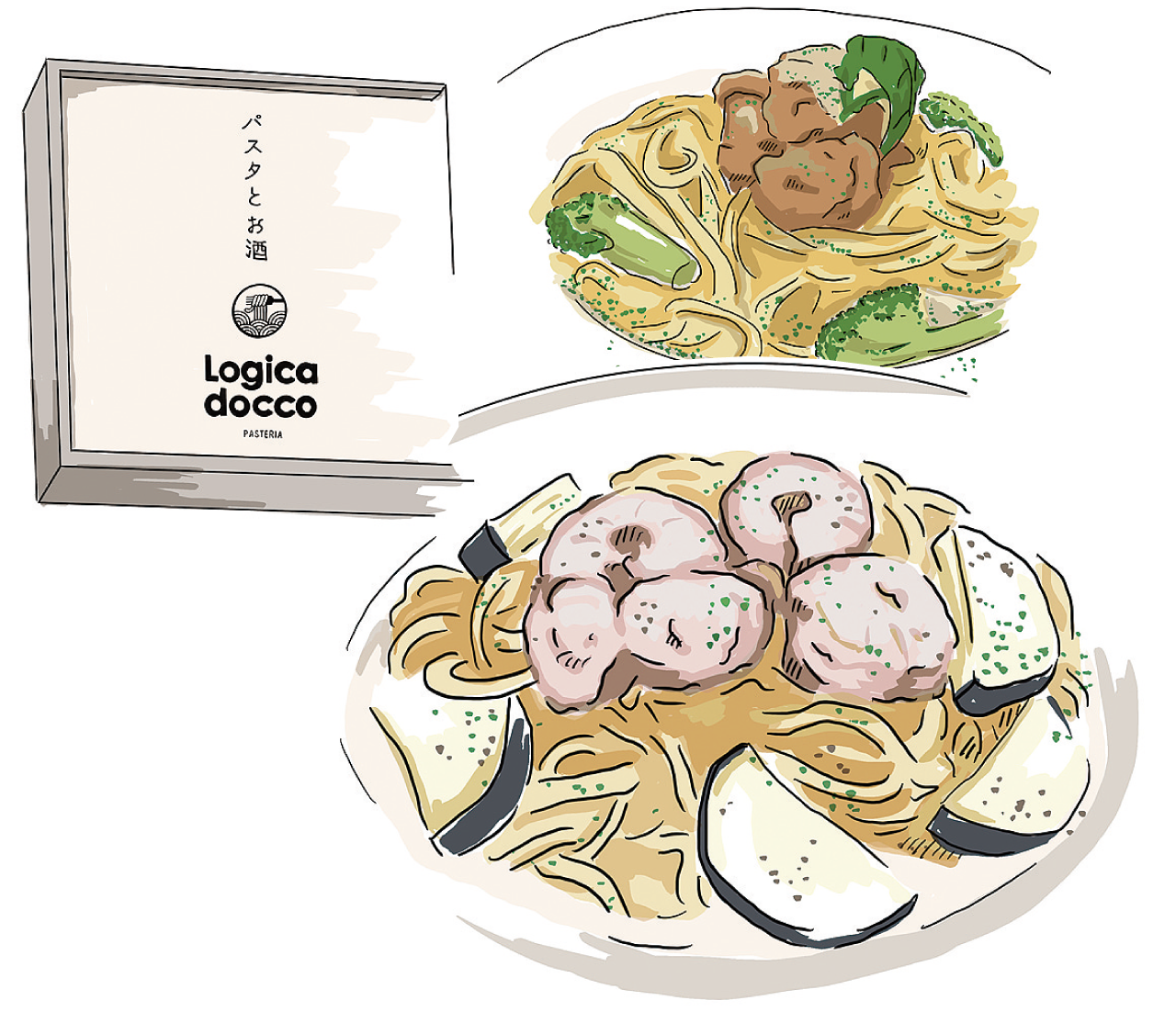 パスタと看板のイラスト