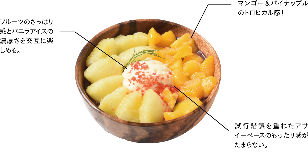 マンゴー＆パイナップルのトロピカル感！フルーツのさっぱり感とバニラアイスの濃厚さを交互に楽しめる。試行錯誤を重ねたアサイーベースのもったり感がたまらない。