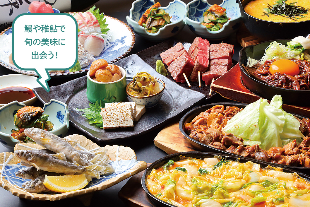 鰻や稚鮎で旬の美味に出会う！2時間飲み放題込、飛騨プラン税込5,000円全9品のイメージ。 