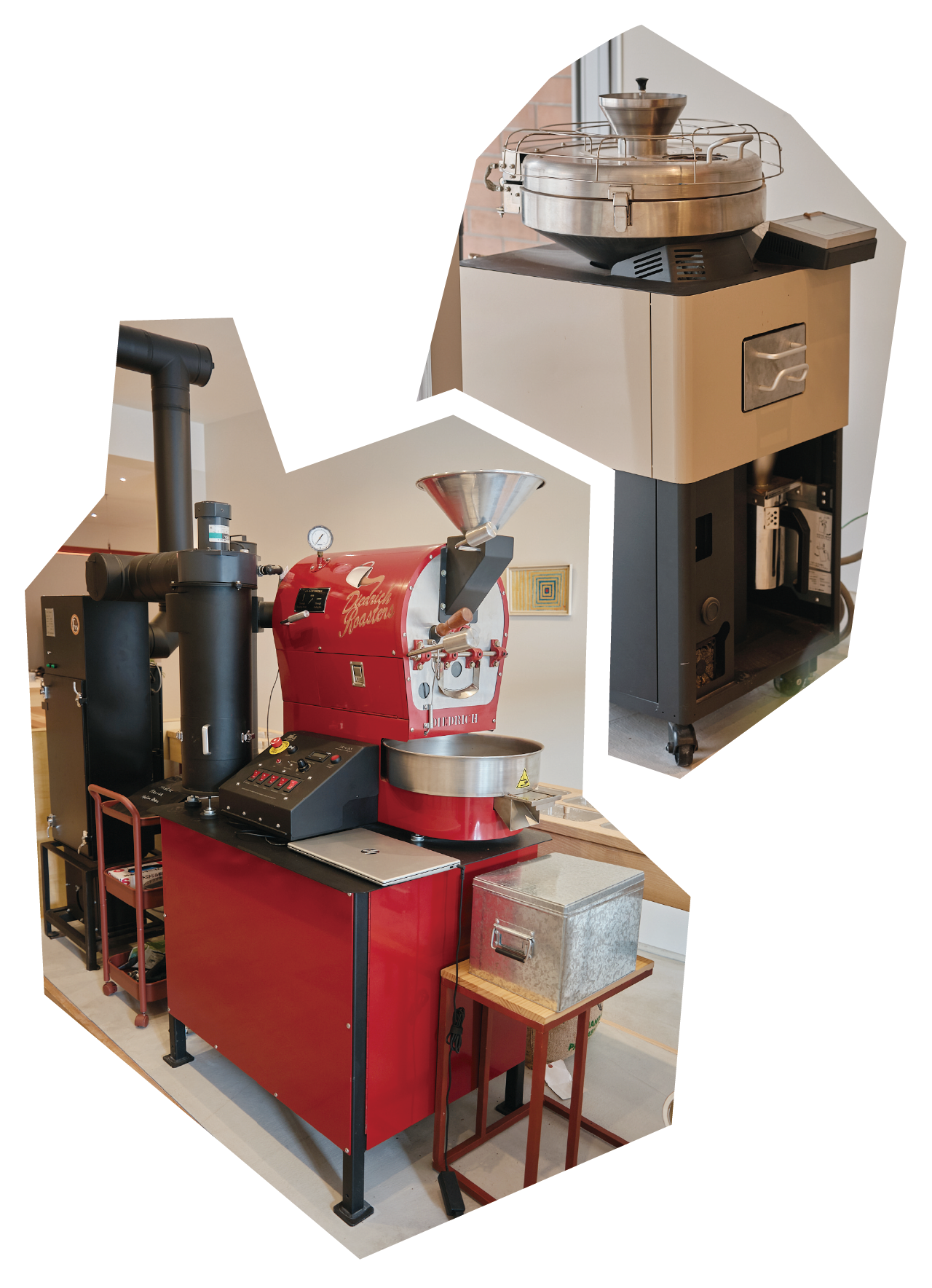 メイン焙煎機の「DIEDRICH」と電気焙煎機の写真