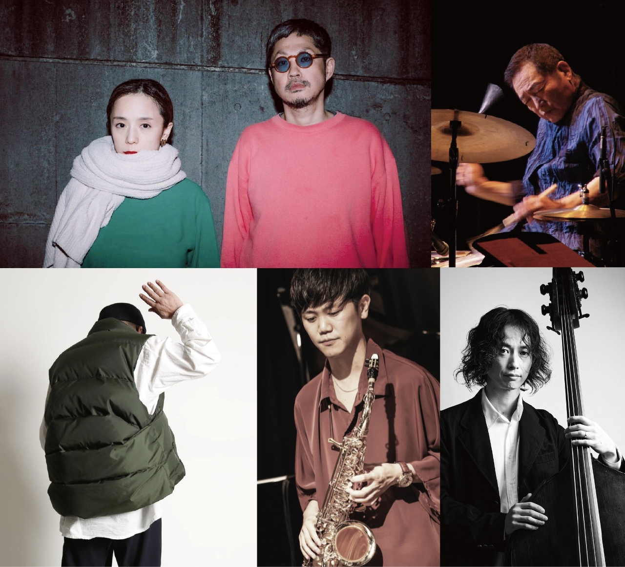 第1弾発表アーティストの森山威男・須川崇志・中山拓海に、須永辰緒（sunaga t experience）、MIDORINOMARU！の写真